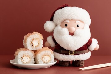 Festive scene featuring playful Santa doll beside delicious sushi rolls on decorative plate