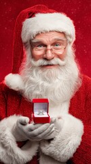 Joyful festive moment featuring Santa Claus presenting sparkling ring in red backdrop