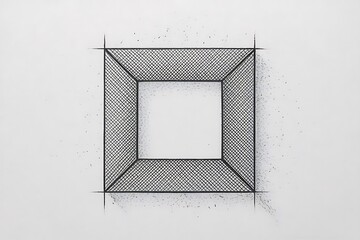 Abstract architectural blueprint drawing depicting a three dimensional square frame with crosshatching texture on white background