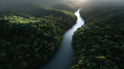Lush Amazon rainforest landscape with a winding river.