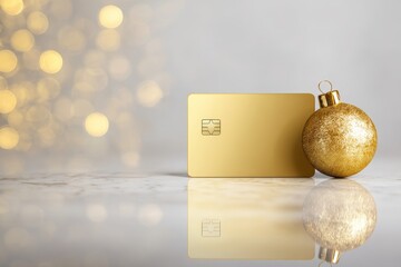 Elegant festive setting featuring gold credit card with shiny ornament on reflective surface