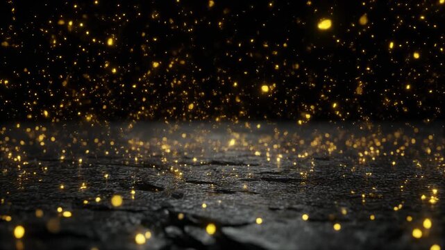 Gentle Drifting Gold Particles Over Black Granite Texture