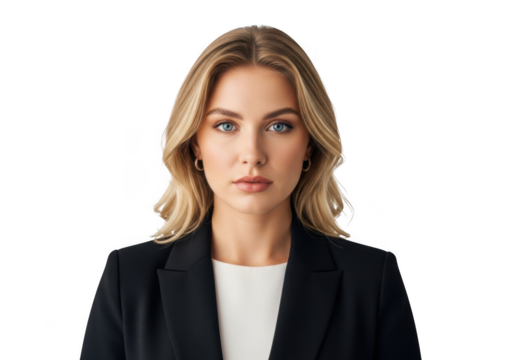 Professional businesswoman with blonde hair and serious expression wearing a dark suit isolated on transparent background - Powered by Adobe