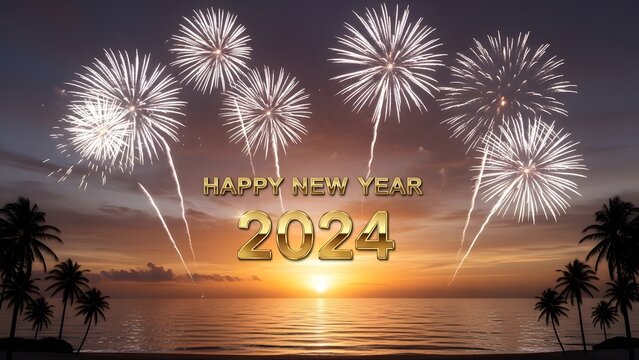 Spectacular new year fireworks display illuminating the night sky over a tropical ocean