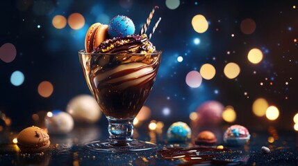 Indulge in a decadent chocolate sundae adorned with macarons, sprinkles, and a striped straw, set against a backdrop of shimmering bokeh lights
