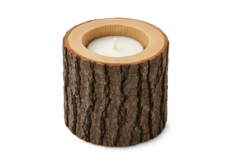 Cylindrical candle holder carved from tree bark with white tealight inside