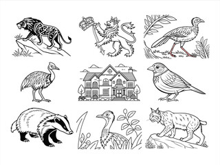 coloring page line art the animal and bird black vector bundle