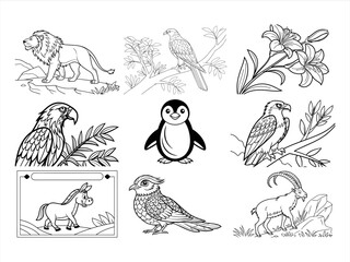 coloring page line art the animal and bird black vector bundle