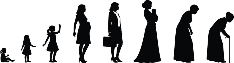 Stages of a Woman's Life Cycle, Showing Growth, Development, Pregnancy, Career, Motherhood, Aging, and Senior Years, Isolated Black Vector Silhouette