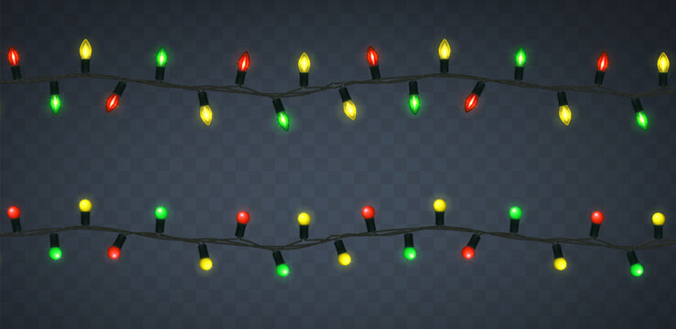 3d realistic vector illustration. Festive colorful gloving lights in different shpes on a dark background.