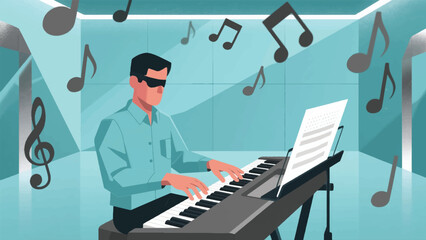 Illustration Of Musician With A Visual Impairment Is Playing A Keyboard Vector Design Template © BedRoses