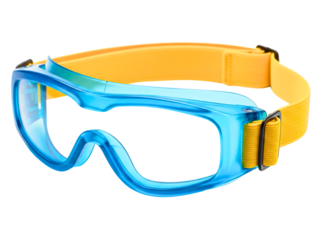 Blue protective safety goggles with adjustable yellow elastic strap on a transparent background