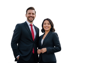 Professional man and woman in business attire smiling together isolated on transparent background