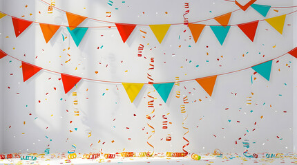 Fototapeta premium Festive Celebration Backdrop with Pennant Banners and Confetti creating vibrant and cheerful atmosphere perfect for birthdays or anniversaries with playful decoration on clean white