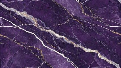 Luxurious deep purple amethyst marble texture background with white and gold veins