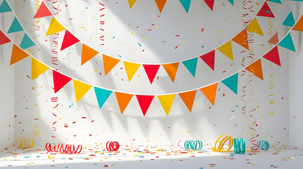 Obraz premium Celebratory Room with Banners and Confetti Showcasing Festive Decorations Creating a Cheerful Atmosphere for Special Occasions and Themed Events With Bright Lighting