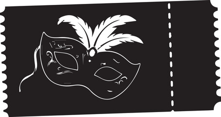Black ticket with a decorative masquerade mask and feathers illustration