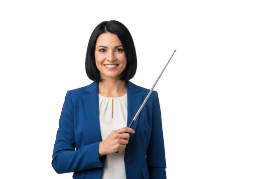 Smiling professional woman in a blue blazer holding a pointer stick isolated on transparent background