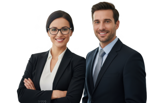 Professional business team of a man and woman smiling isolated on transparent background - Powered by Adobe