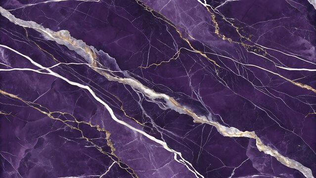 Luxurious deep purple amethyst marble texture background with white and gold veins