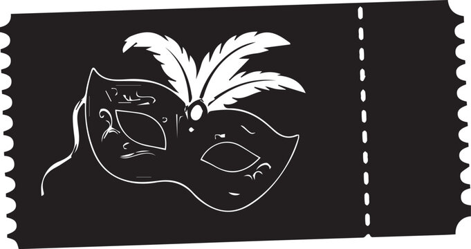 Black ticket with a decorative masquerade mask and feathers illustration - Powered by Adobe