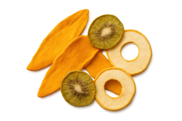 Assorted dried fruit slices arranged in colorful display of mango, kiwi, and pineapple