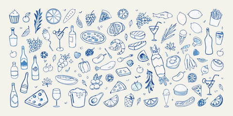 A charming blue sketch featuring various food and drink items arranged creatively