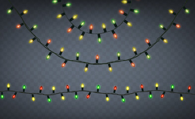 3d realistic vector illustration. Festive colorful glowing lights in different linght on a dark background.