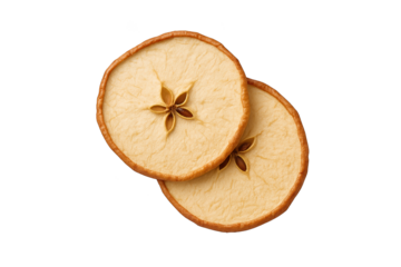 Two dried orange slices overlap with star-shaped centers