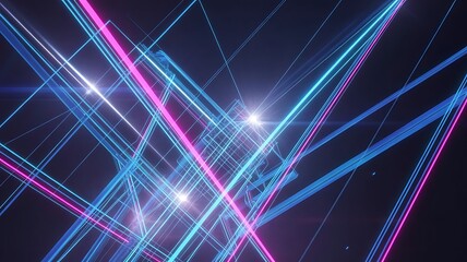 Abstract neon light tunnel with intersecting blue and magenta glowing lines creating a futuristic digital cyberspace grid background