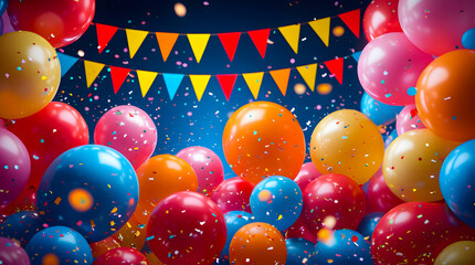 Lively Scene of Balloons and Bunting Adorned with Cascading Confetti Set Against Rich Blue Backdrop Generating Joyous and Celebratory Mood Ideal for Special Gatherings