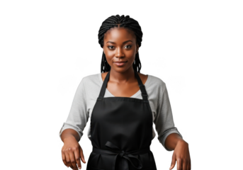 A confident young woman wearing a black apron and a light colored shirt stands with her arms resting on a surface isolated on transparent background