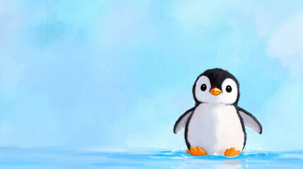 Fototapeta premium Cute cartoon penguin standing in water, surrounded by soft blue background, evokes sense of joy and playfulness