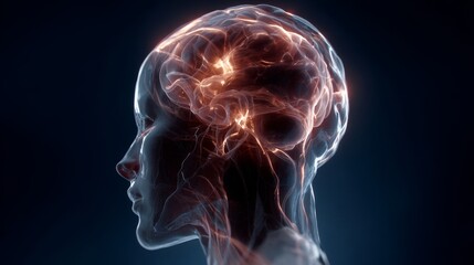 Human head profile with transparent skull revealing an active, glowing brain neural pathways, cognition, neuroscience, ai, interconnected thinking processes mental diseases ai psychology