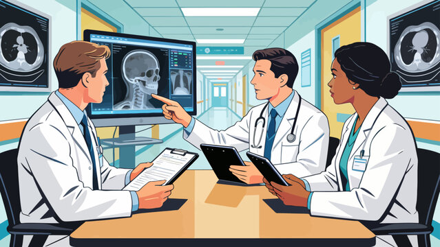 This illustration shows doctors collaborating around a desk, reviewing documents and a tablet, representing healthcare teamwork, clinical discussion, and medical planning.
