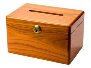 Wooden suggestion box with slot and golden key lock on a transparent background