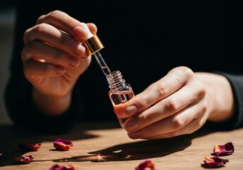 Hands using dropper with floral beauty oil 