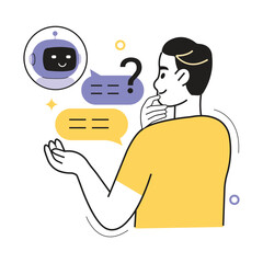 Hiring human resource vector illustration. Thoughtful man interacts with a chatbot, seeking answers and receiving automated support or information. 
