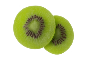 Two vibrant green kiwifruit halves with tiny black seeds arranged in circle