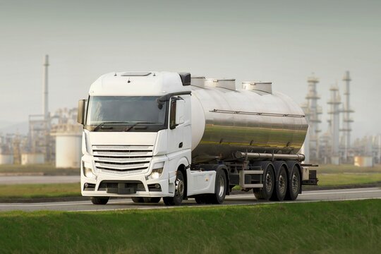 Fuel truck on highway for transport fuel to petrochemical oil refinery