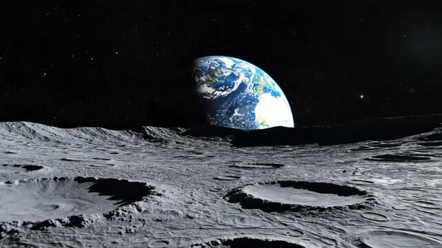 Globe of earth from moon with craters and stars in background in space