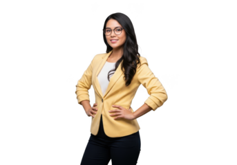 Confident young professional woman wearing glasses and a yellow blazer with hands on hips smiling isolated on transparent background