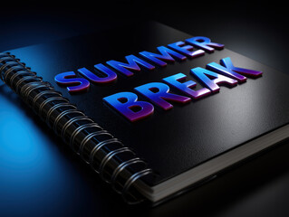 Words on a notebook cover announcing summer break in bright colors