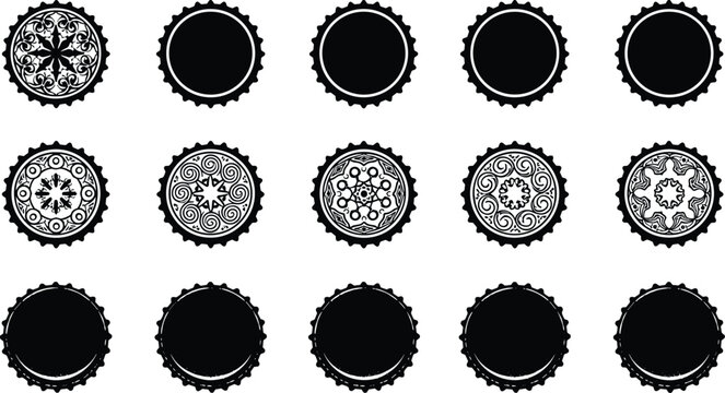 Vintage Bottle Cap Collection, Set of 15 Black and White Vector Illustrations with Ornate and Blank Designs for Beverage, Beer, Soda, and Retro Branding Projects, Metal Drink Closure Icon