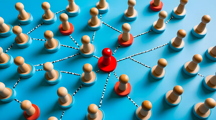 Network Connection Leadership Concept with Wooden Pawns Linked Together on Blue Surface