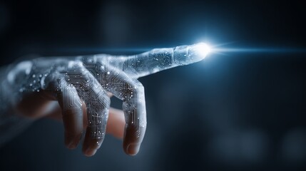 Human hand showing intricate circuit board patterns and a glowing fingertip, symbolizing the fusion of human interaction with advanced digital technology and ai concepts