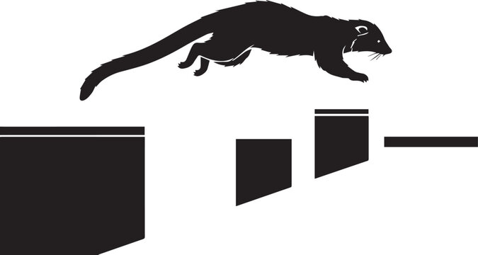 Silhouette of a mongoose jumping over obstacles in a stylized graphic