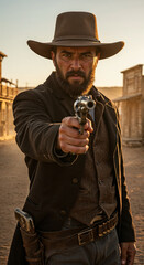 Wild West outlaw gunslinger aiming revolver in a tense frontier showdown.