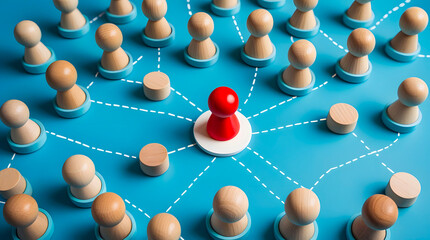 Wooden Pawns Network Connected to Red Leader on Podium over Light Blue Background