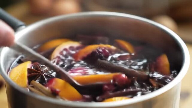 A pot of mulled wine simmers with citrus, cinnamon, and berries, ready to serve
